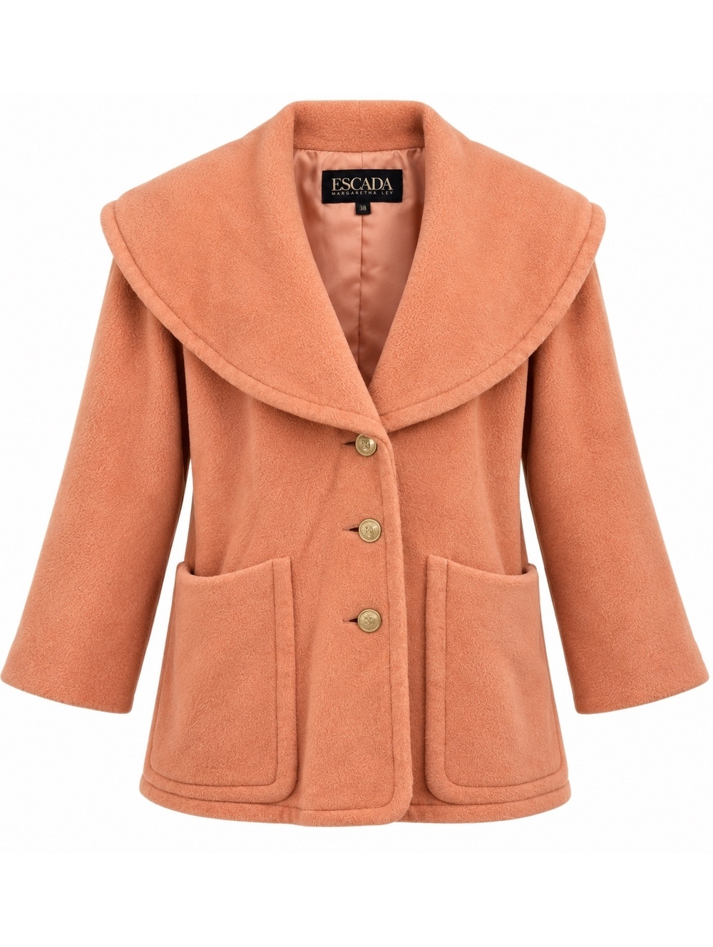 Vintage Escada Margaretha Ley Peach Wool Coat – Oversized Shawl Collar 38